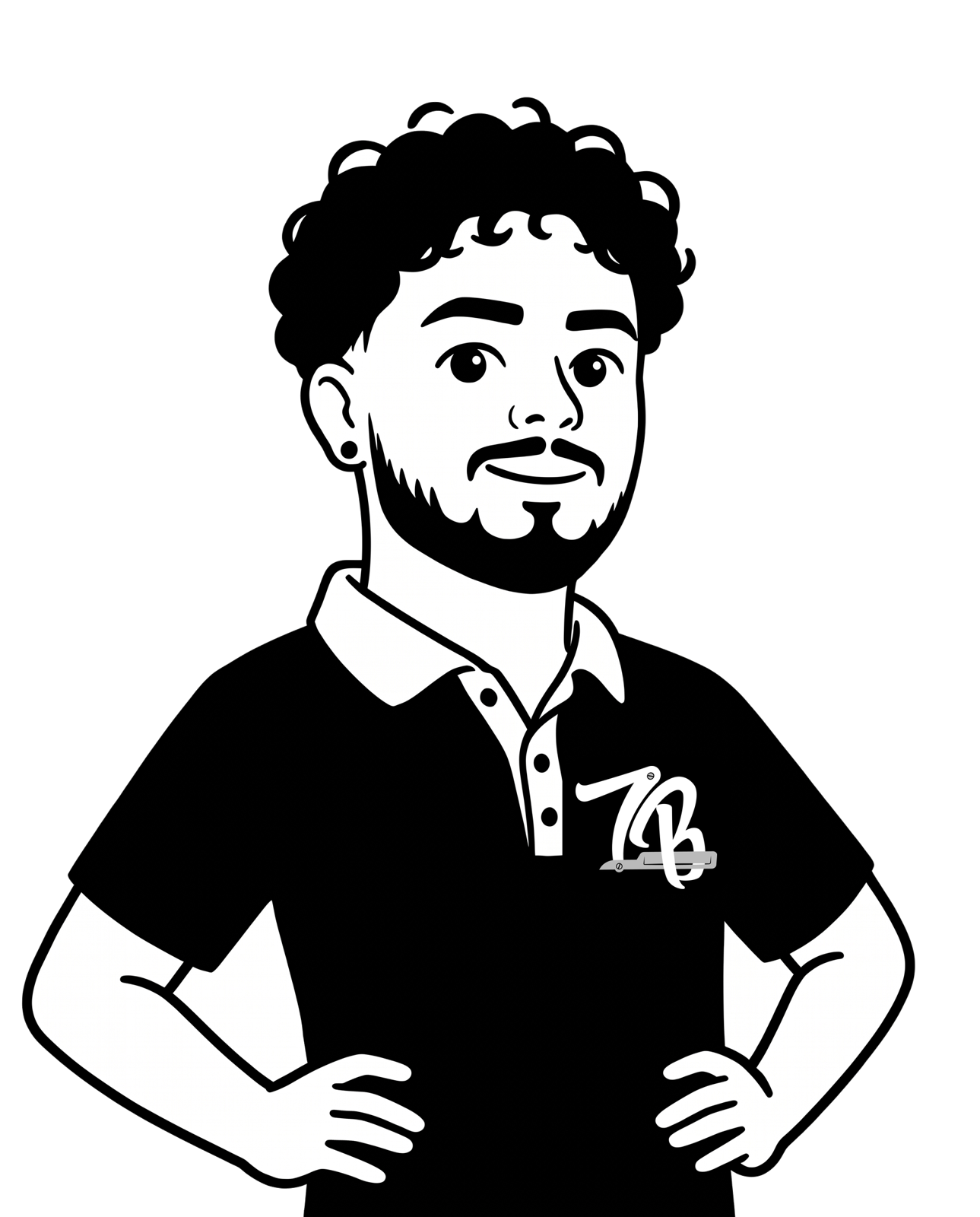 Illustration of Zavi smiling with his hands on his hips, wearing a black polo with the ZB logo